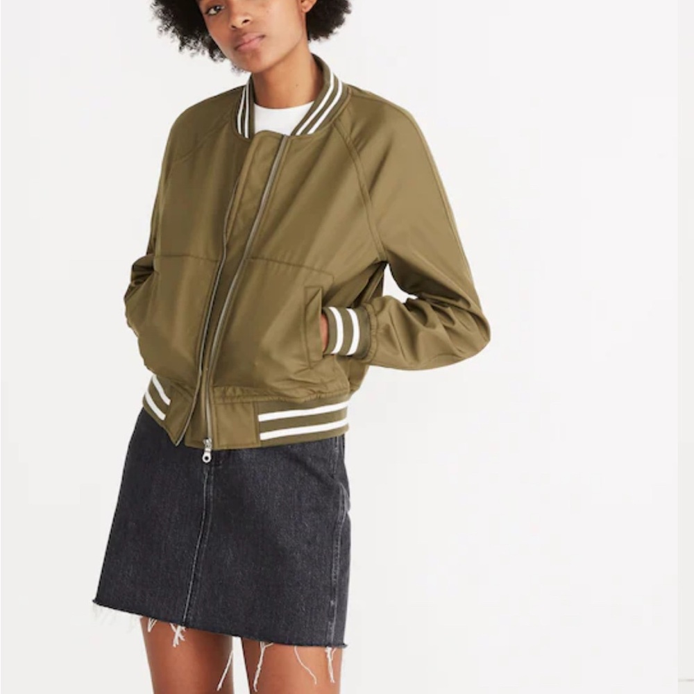Madewell Varsity Bomber Jacket Green with Striped Accents Size S EUC